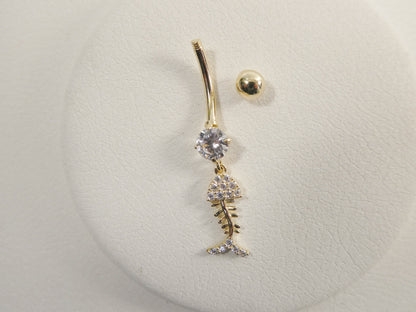 14k Real Solid Yellow Gold Fish Skeleton Dangling Belly Button Ring Piercing
