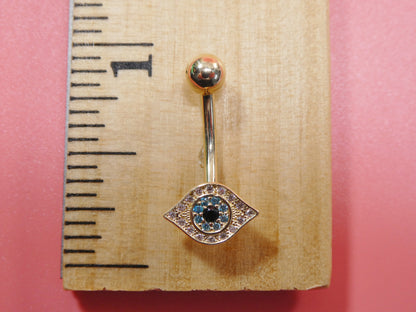 14k Real Solid Yellow Gold Evil Eye Belly Button Ring Piercing
