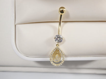 14k Real Solid Yellow Gold Oval Dangling Belly Button Ring Piercing