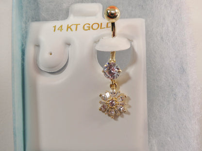14k Real Solid Yellow Gold Dangling Flower Belly Button Ring piercing