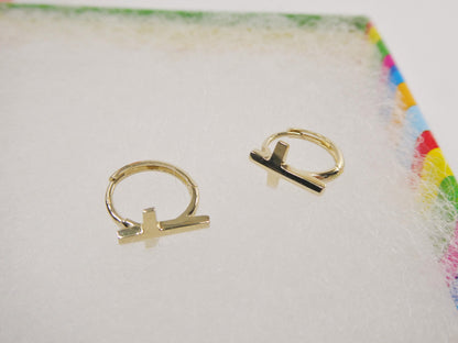 Real 10k Solid Yellow Gold Cross Hoop Huggie Earrings