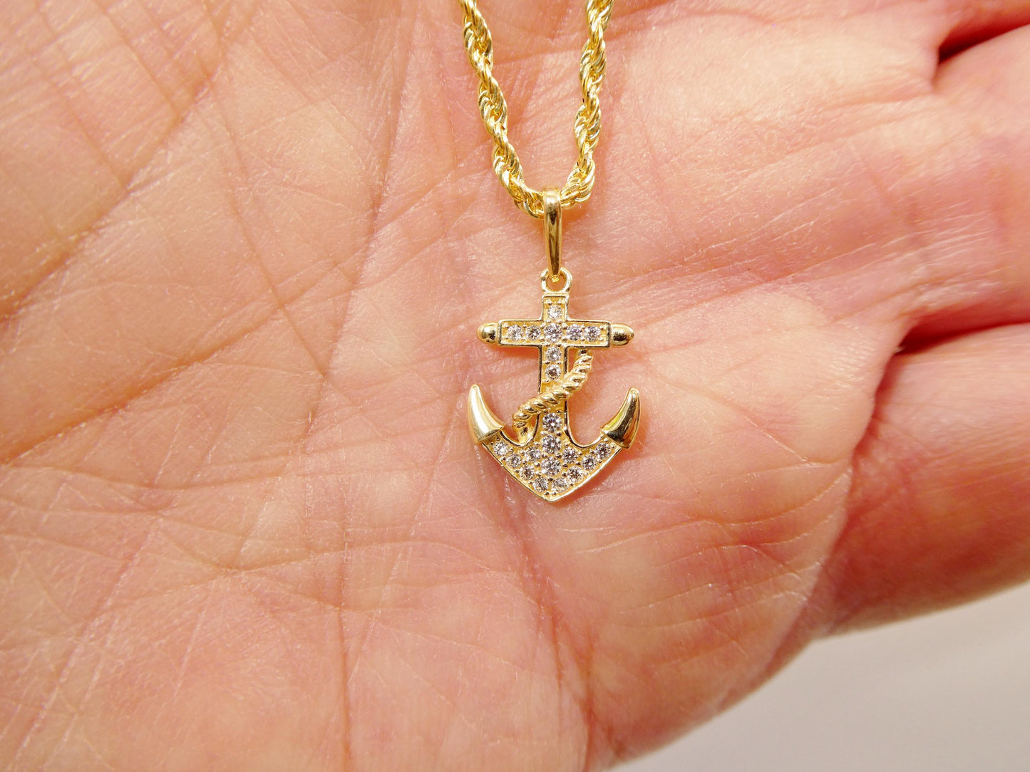 14k real solid yellow gold anchor pendent and rope necklace