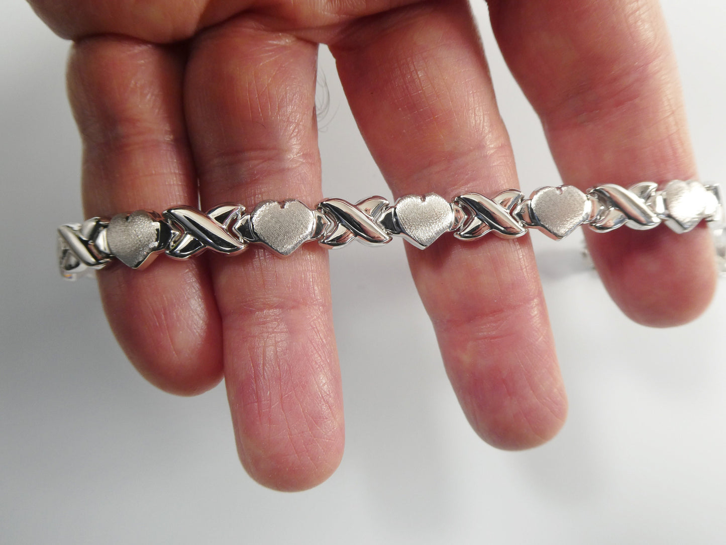 6.5 inch 7.5 inch 10 INCH xoxo satin heart stampato bracelet 14k white gold color finish over real 925 sterling silver