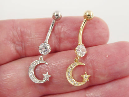 14k Real Solid Yellow Gold Dangling Moon And Star Belly Button Ring Piercing
