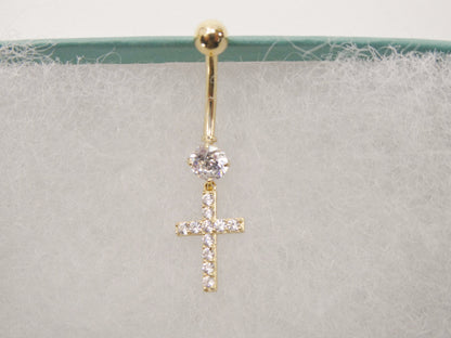 14k Real Solid Yellow Gold Dangling Cross Belly Button Ring Piercing