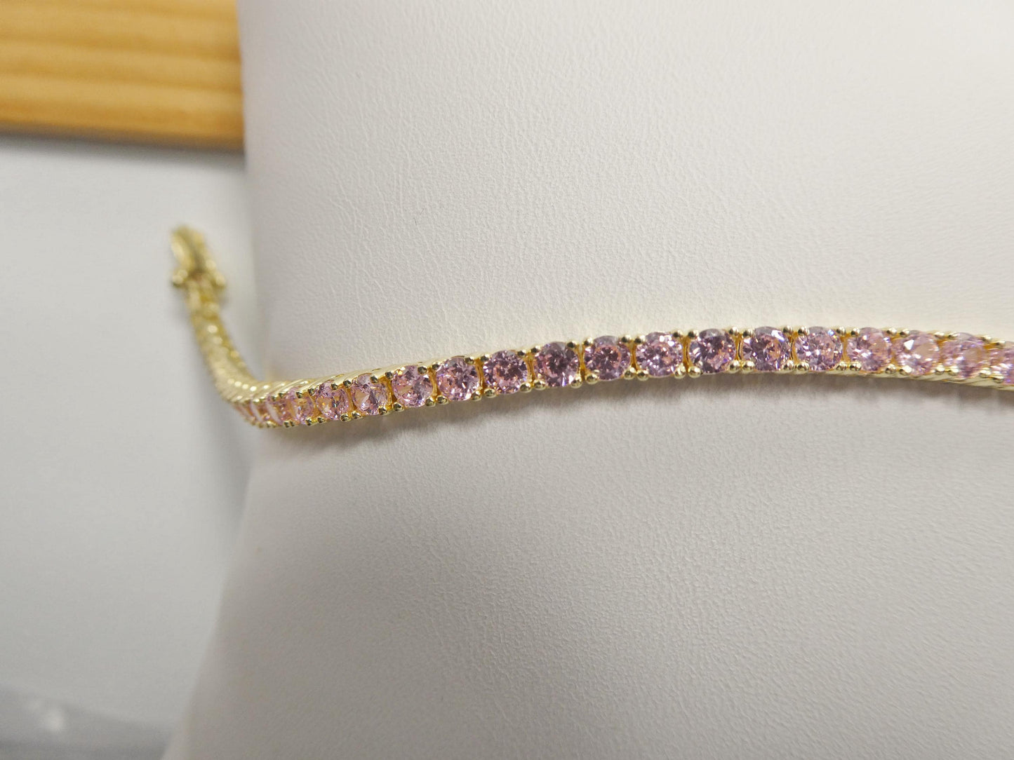 Real 925 sterling silver pink stone tennis bracelet box lock clasp