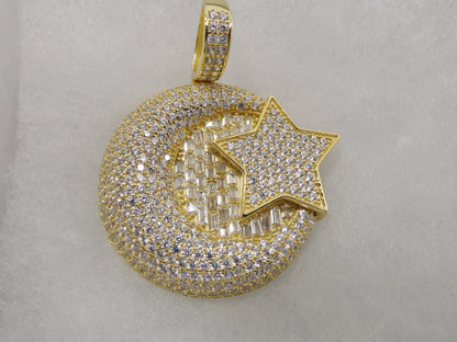Real 925 Sterling Silver Large Muslim Moon & Star Pendent Full Ice Stone Charm