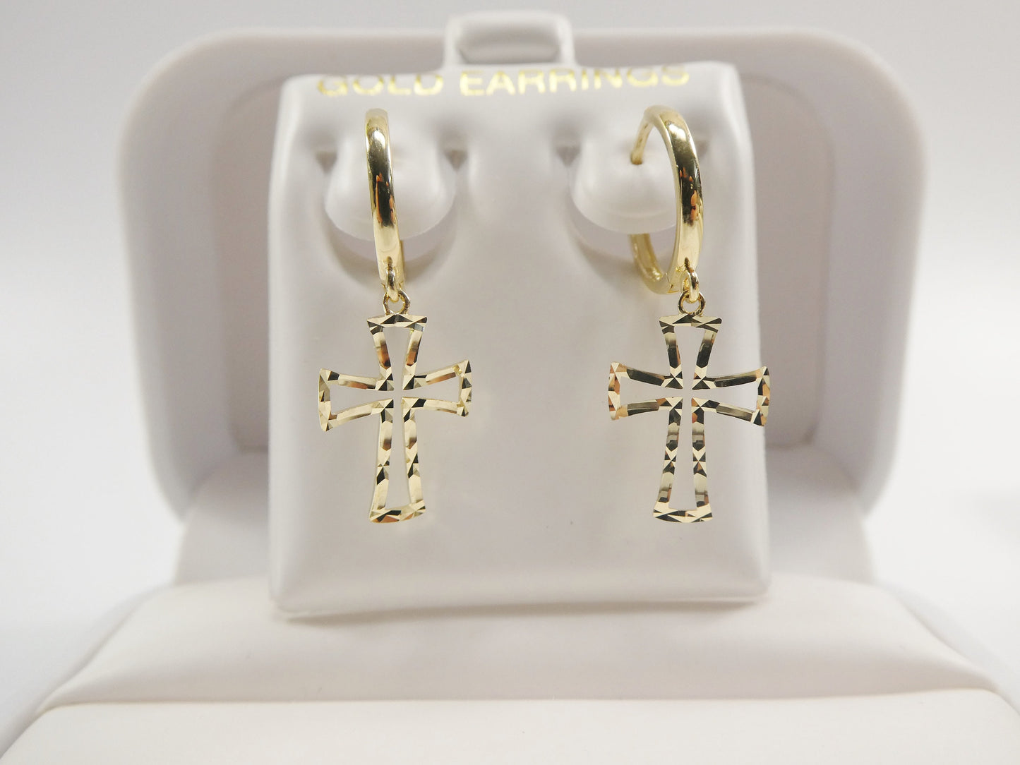 10k real yellow gold cross dangle plain huggie earrings