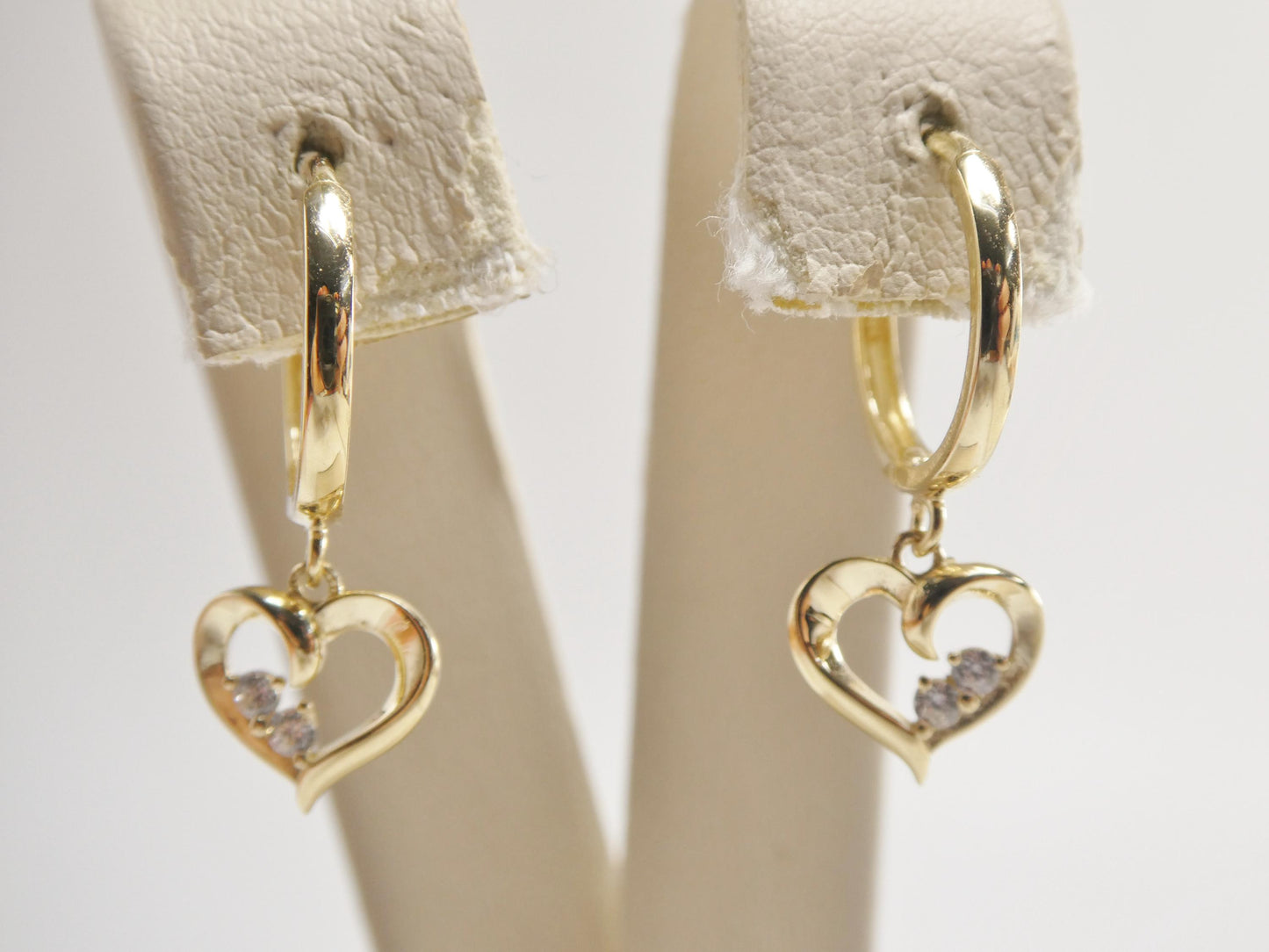 real 10k solid yellow gold designer heart dangling hoop huggie earrings