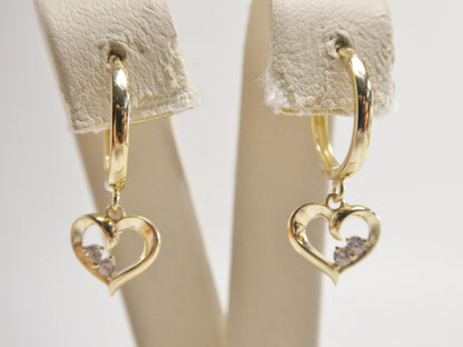 Real 10k Solid Yellow Gold Designer Heart Dangling Hoop Huggie Earrings