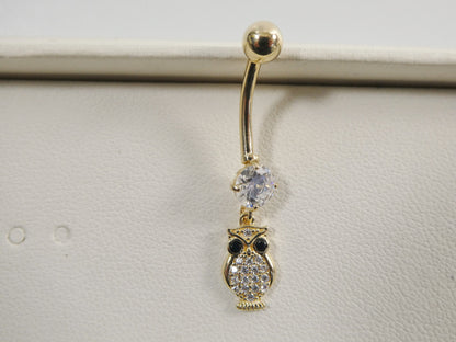 14k Real Solid Yellow Gold Owl Dangling Belly Button Ring Piercing