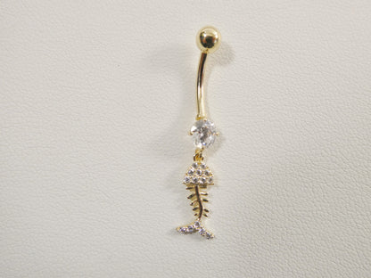 14k Real Solid Yellow Gold Fish Skeleton Dangling Belly Button Ring Piercing
