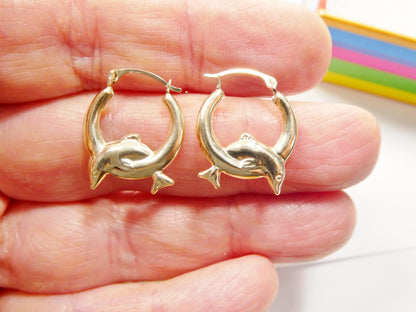 10k Real Solid Yellow Gold Dolphin Hoop Earrings
