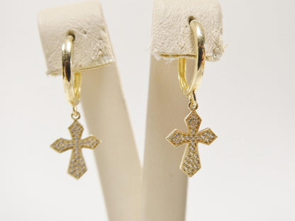 Real 10k Solid Yellow Gold Cross Dropping Hoop Huggie Earrings