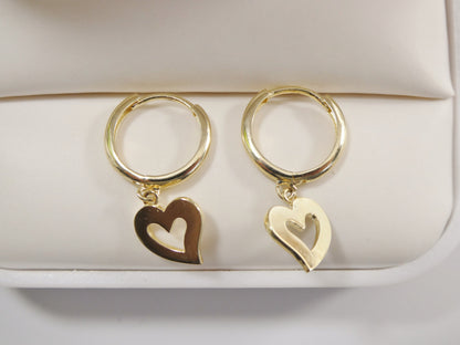 Real 10k Solid Yellow Gold Plain Heart Dangle Hoop Huggie Earrings