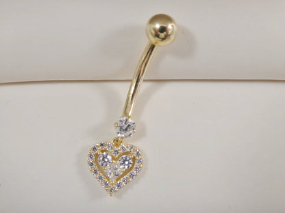 14k Real Solid Yellow Gold Dangling Heart Belly Button Ring Piercing