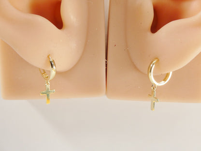 Real 10k Solid Yellow Gold Cross Dropping Hoop Huggie Earrings