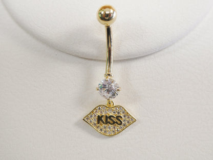 14k Real Solid Yellow Gold Dangling Logo Kiss Lips Belly Button Ring Piercing