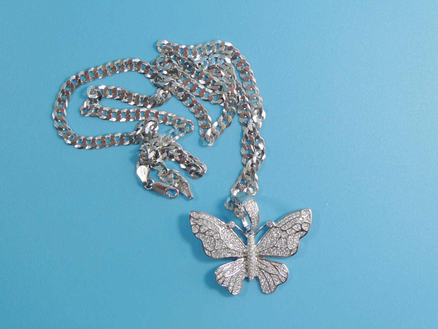 14k white gold color tone chain and large butterfly charm pendent over real 925 sterling silver