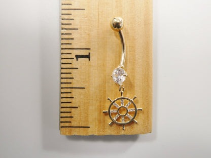 14k Real Solid Yellow Gold Ship Wheel Dangling Belly Button Ring Piercing
