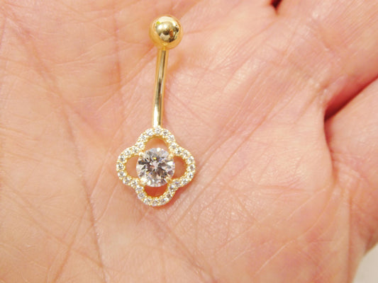 14k real solid yellow gold flower shaped belly button ring piercing