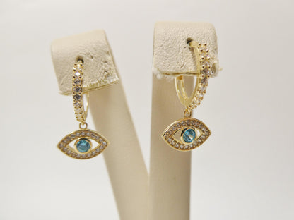 Real 10k Solid Yellow Gold Evil Eye Drop Hoop Huggie Earrings