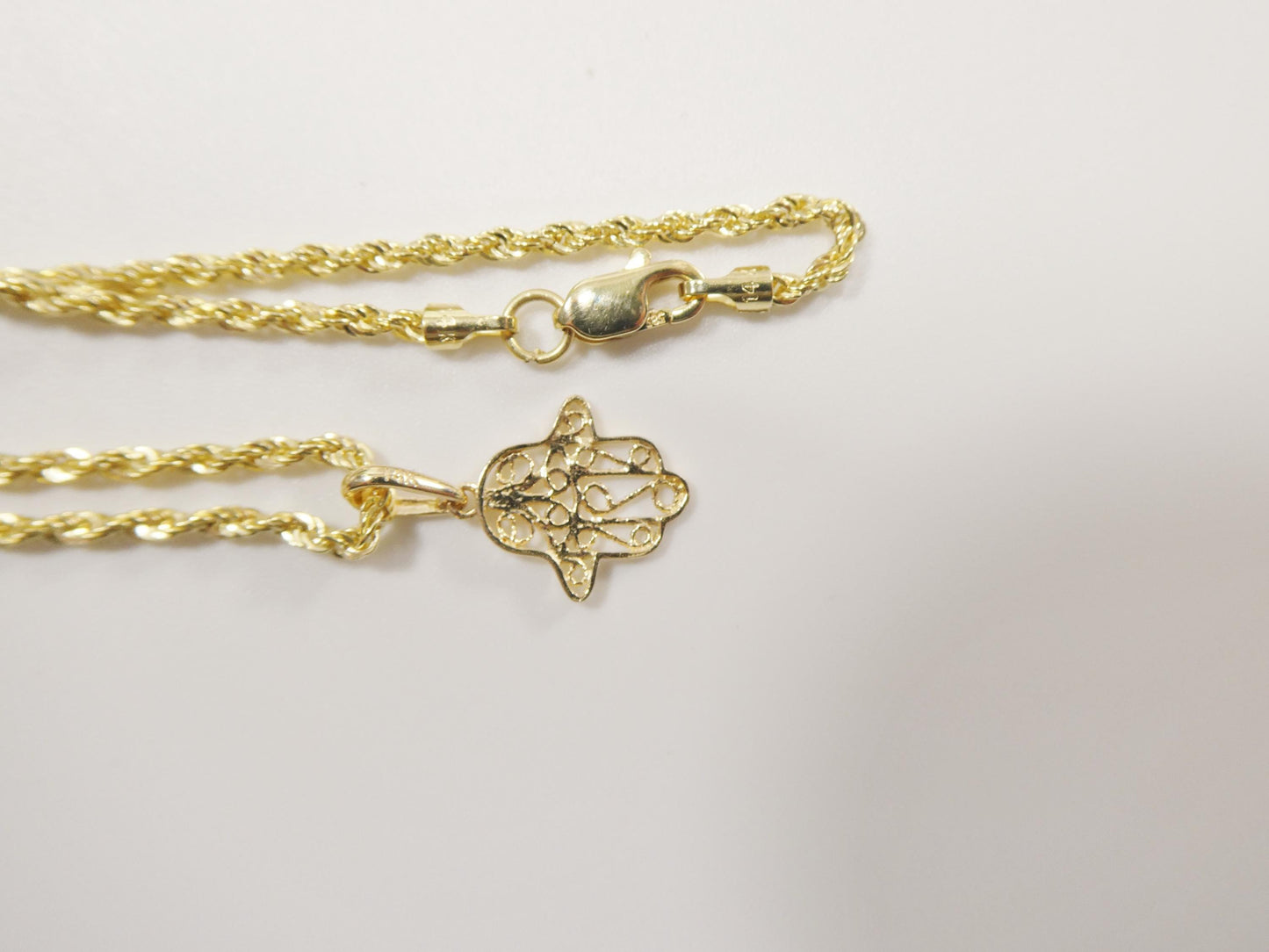 14k real solid yellow gold hand hamsa  pendent and rope necklace
