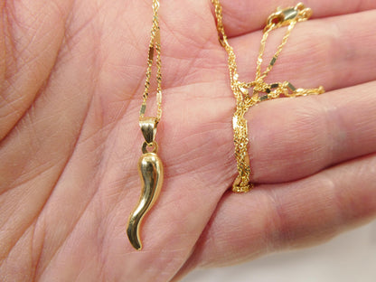 14k Real Solid Yellow Gold Horn Pendent & Flat Cable Necklace