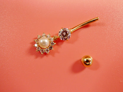 14k Real Solid Yellow Gold Dangling Freshwater Real Pearl Belly Button Ring Piercing