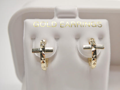 Real 10k Solid Yellow Gold Cross Hoop Huggie Earrings