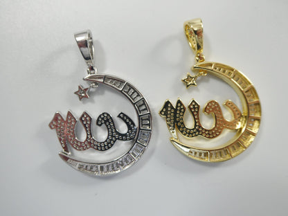 Real 925 Sterling Silver Large Muslim Allah Pendent Baguette Stone Charm