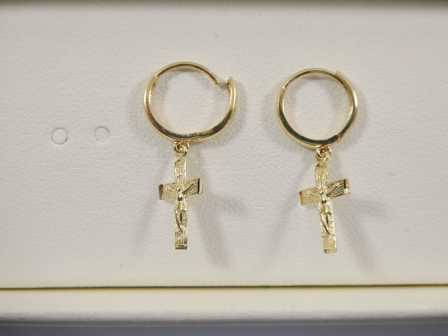 real 10k solid yellow gold hoop huggie dangle cross earrings