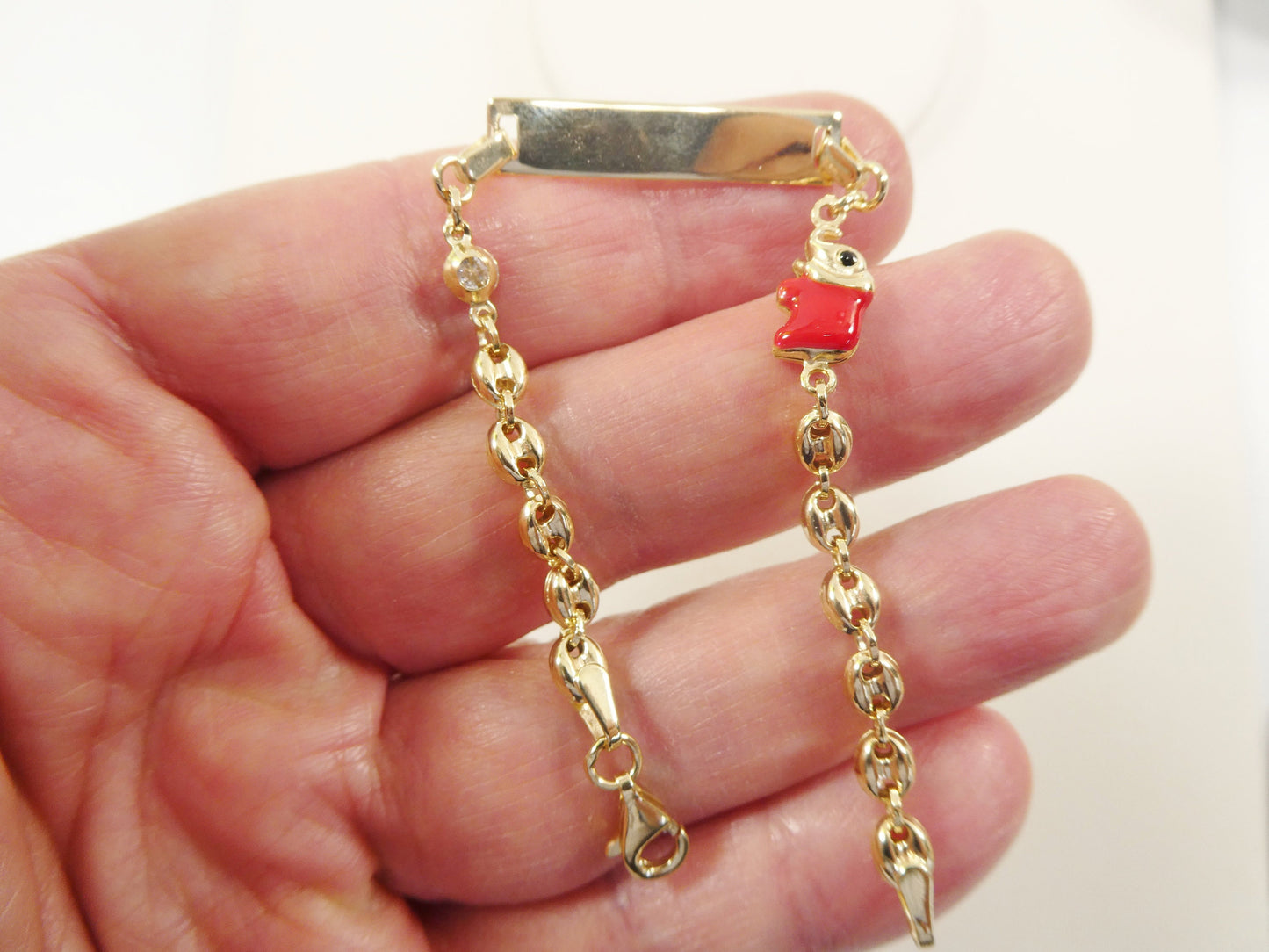 14k Yellow Gold Baby ID Bracelet: Enamel Elephant Mariner Chain, 6 Inch