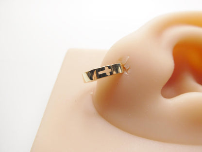 Real 10k Solid Yellow Gold Cross Engraved Hoop Huggie Earring