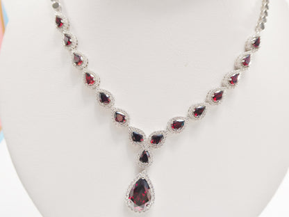 Real 925 Sterling Silver Teardrop Red Garnet Women Necklace