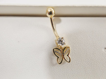 14k Real Solid Yellow Gold Butterfly Dangling Belly Button Ring Piercing
