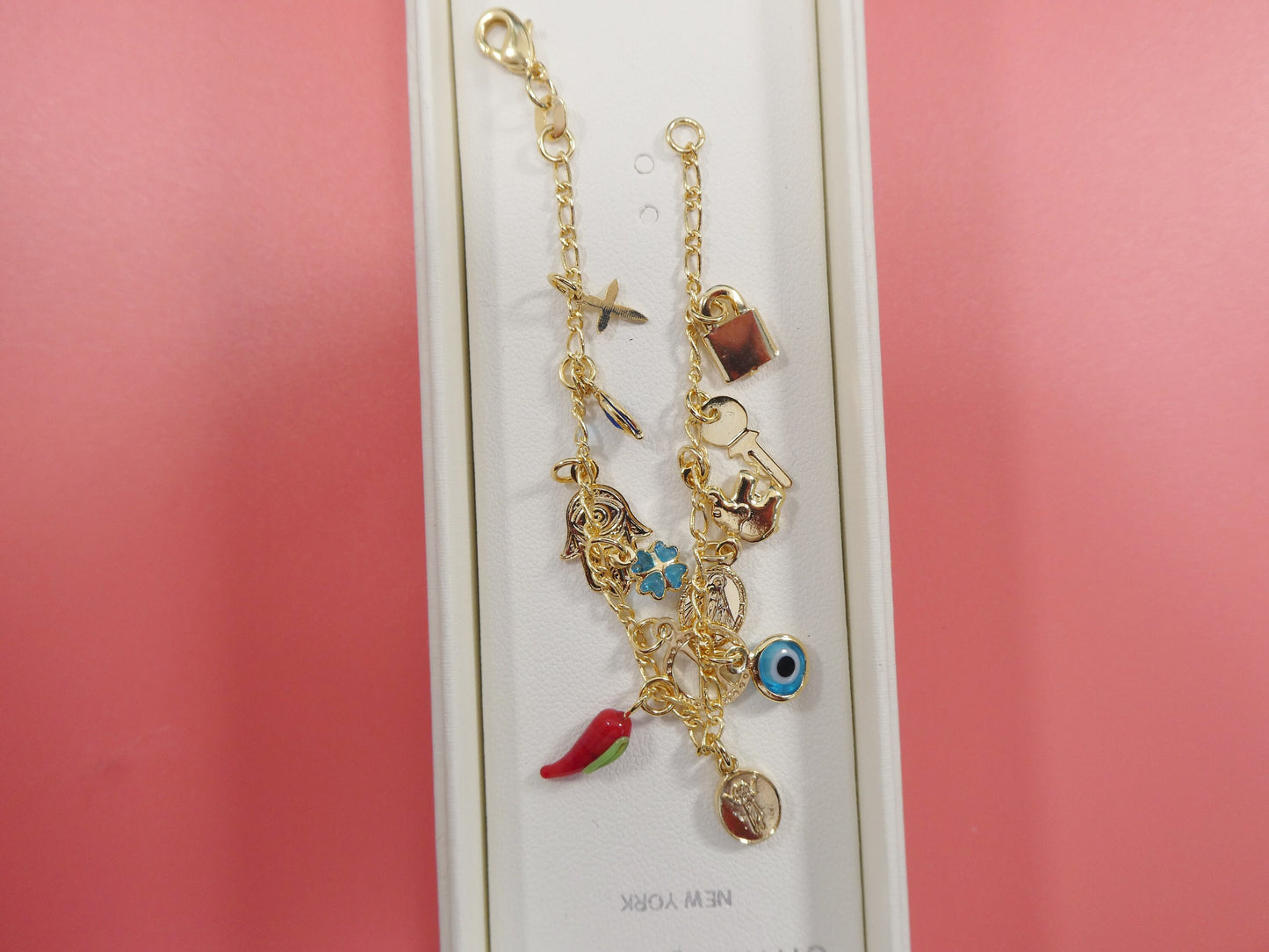 6 inch 18k gold filled multi full dangling charm Figaro style baby bracelet