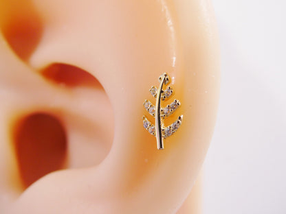 14k Real Solid Yellow Gold Leaf Helix Cartilage Leaf Earring