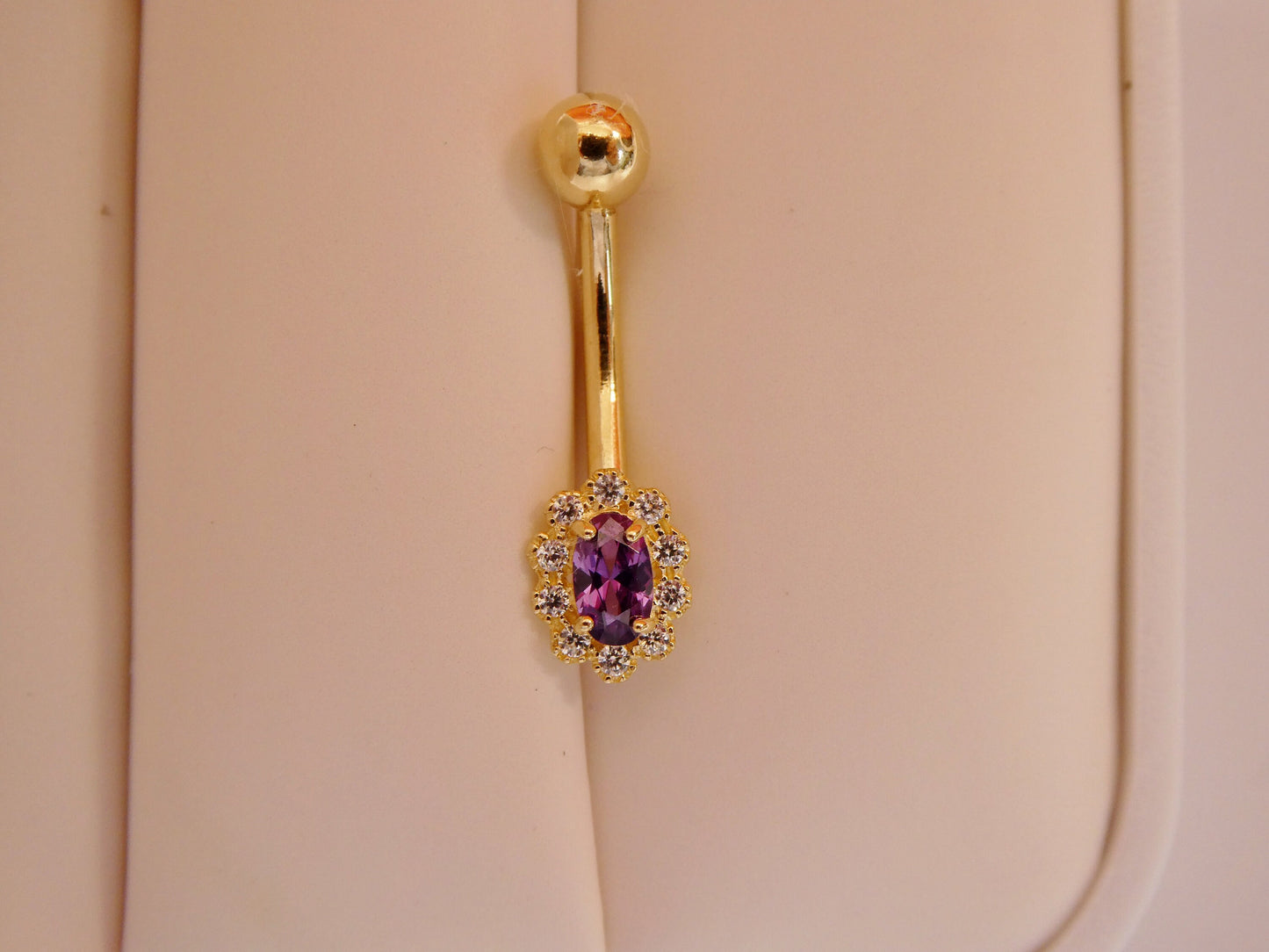 14k real solid yellow gold oval color stone center belly button ring piercing