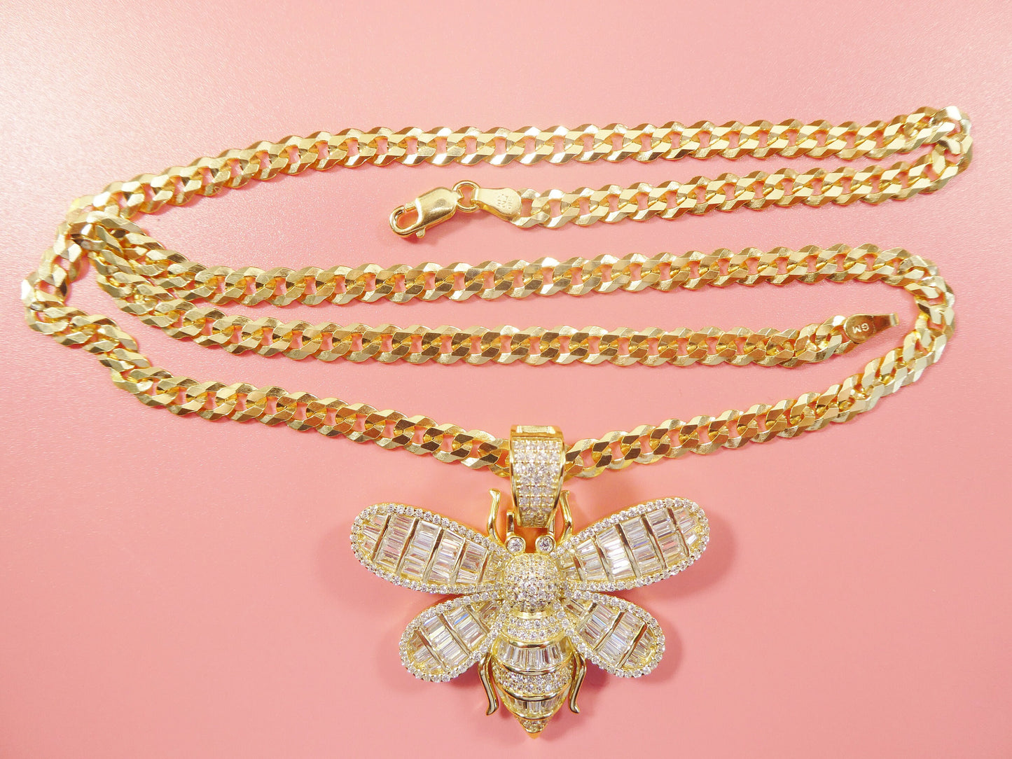 real 925 sterling silver honey bee chain and pendent 14k yellow gold finish