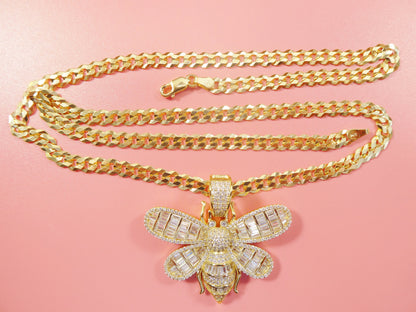 Real 925 Sterling Silver Honey Bee Chain and Pendant 14k Yellow Gold Finish