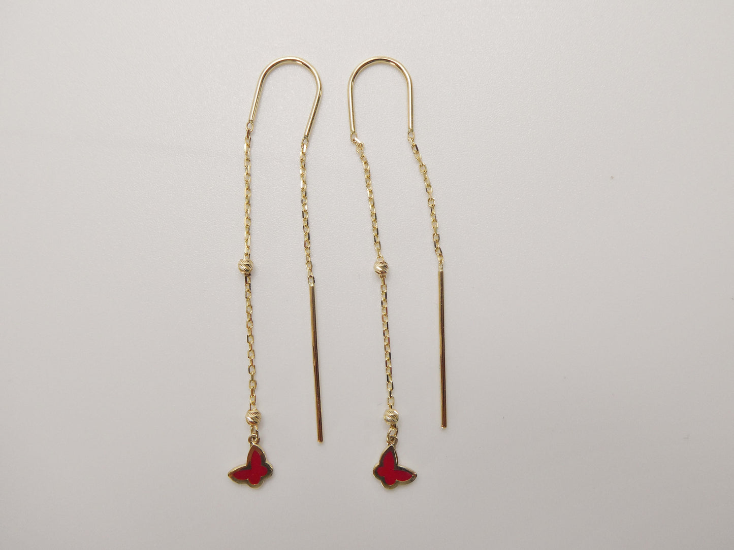 14k real solid yellow gold butterfly enamel long dangling earrings