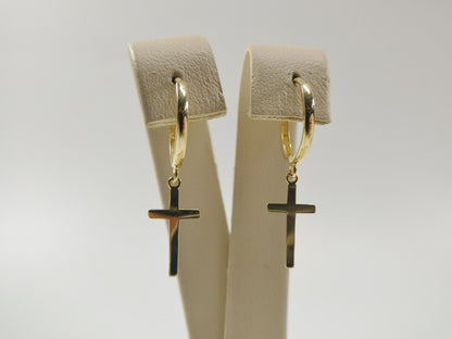 10k Real Solid Yellow Gold Plain Hoop Huggie Cross Dropping