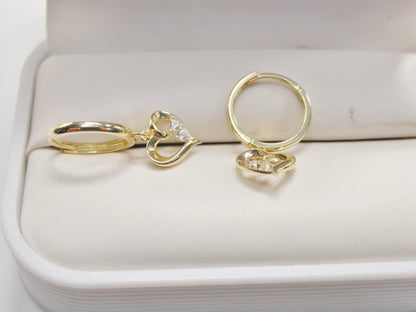 Real 10k Solid Yellow Gold Designer Heart Dangling Hoop Huggie Earrings