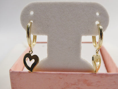 Real 10k Solid Yellow Gold Plain Heart Dangle Hoop Huggie Earrings