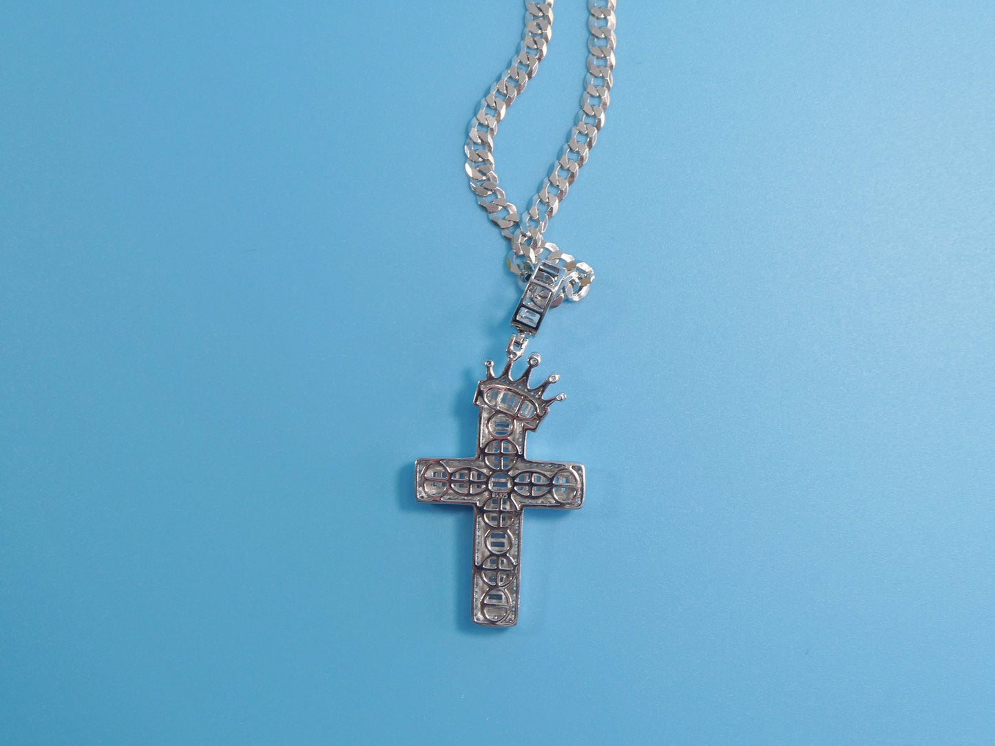 14k white gold color tone chain and large crown cross charm pendent over real 925 sterling silver
