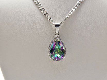 Real 925 Sterling Silver 18 Inch Flat Chain and Genuine <ystic Teardrop Pendent Charm
