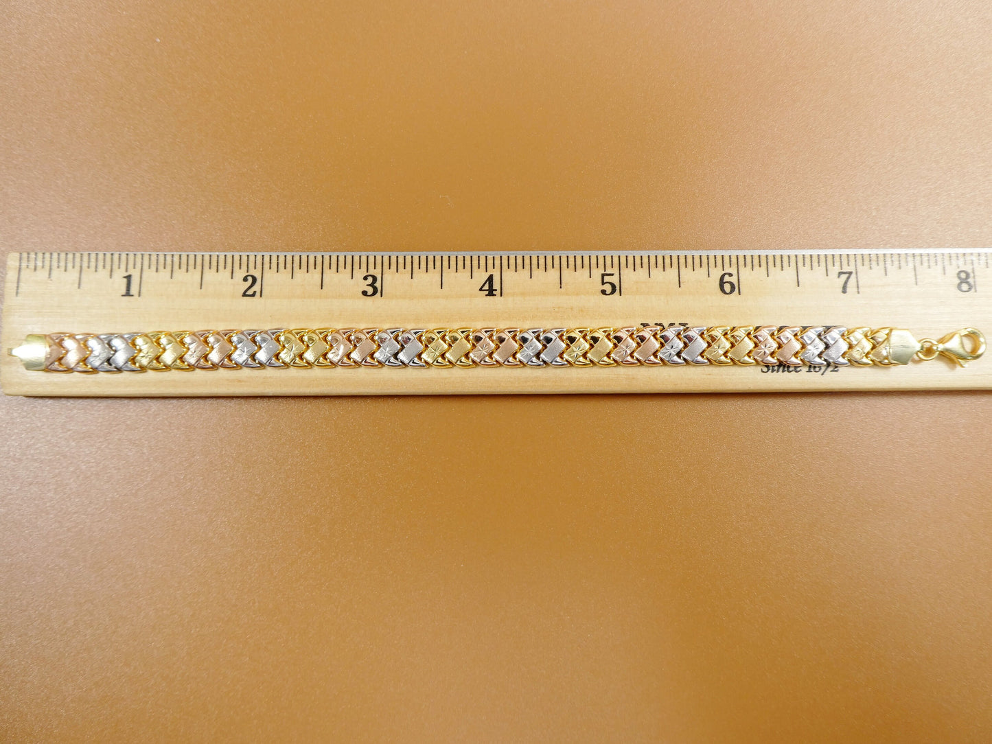 8 inch basket STAMPATO bracelet tri color tone 14k yellow gold color finish over real 925 sterling silver