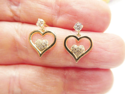 Real 10k Solid Yellow Gold Double Heart Push Post Earrings