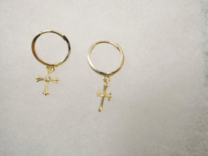 Real 10k Solid Yellow Gold Cross Dropping Hoop Huggie Earrings